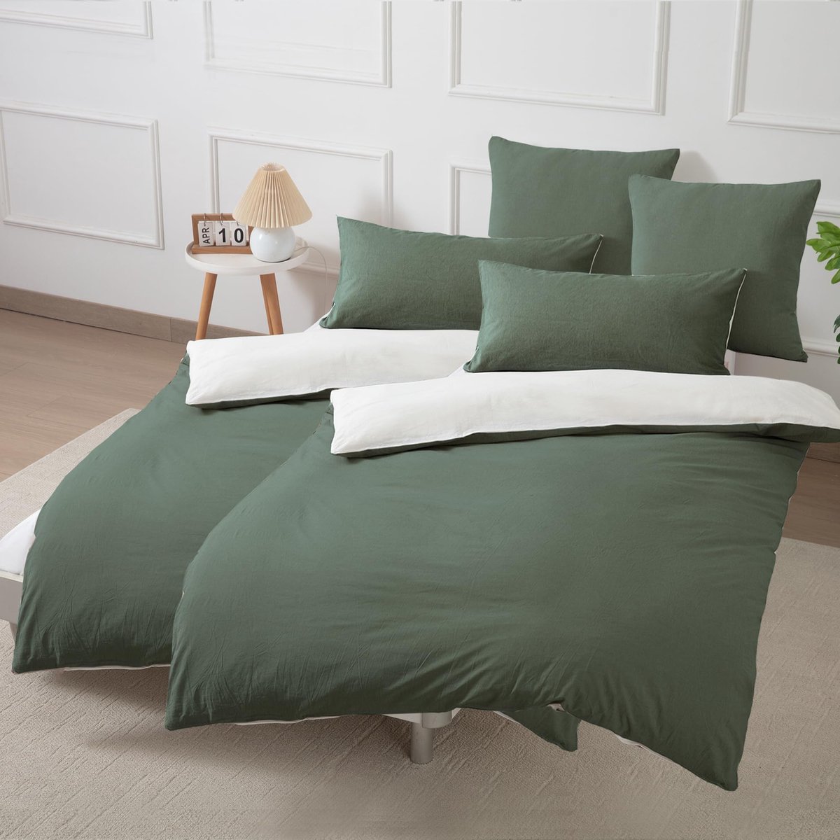 Ibenzoa Luxe 4-delige beddengoedset van katoen met elegant design en ritssluiting donkergroen/wit