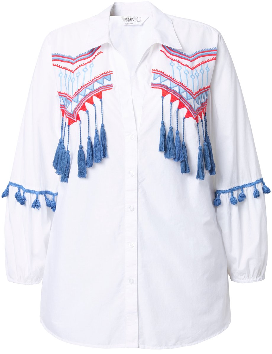 Angel of Style - Dames - Overhemdblouse A-lijn geborduurde boorden en franje - Sneeuwwit - Maat 44
