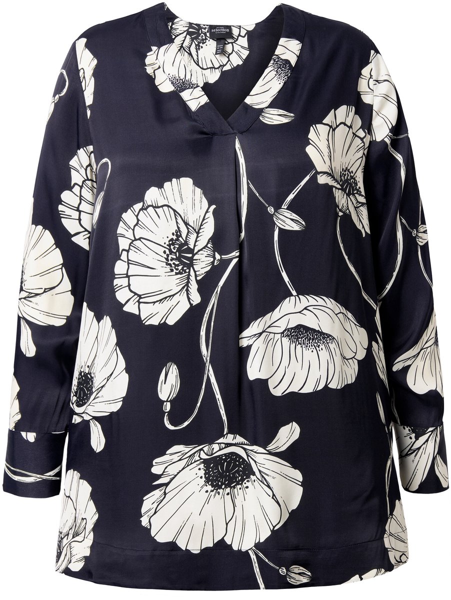 Ulla Popken - Dames - Satijnen tuniek bloemen V-hals lange mouwen - Zwart - Maat 46+