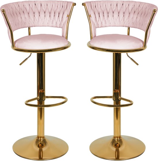 Ensemble de 2 tabourets de bar roses avec pieds dorés et un dossier détaillé.