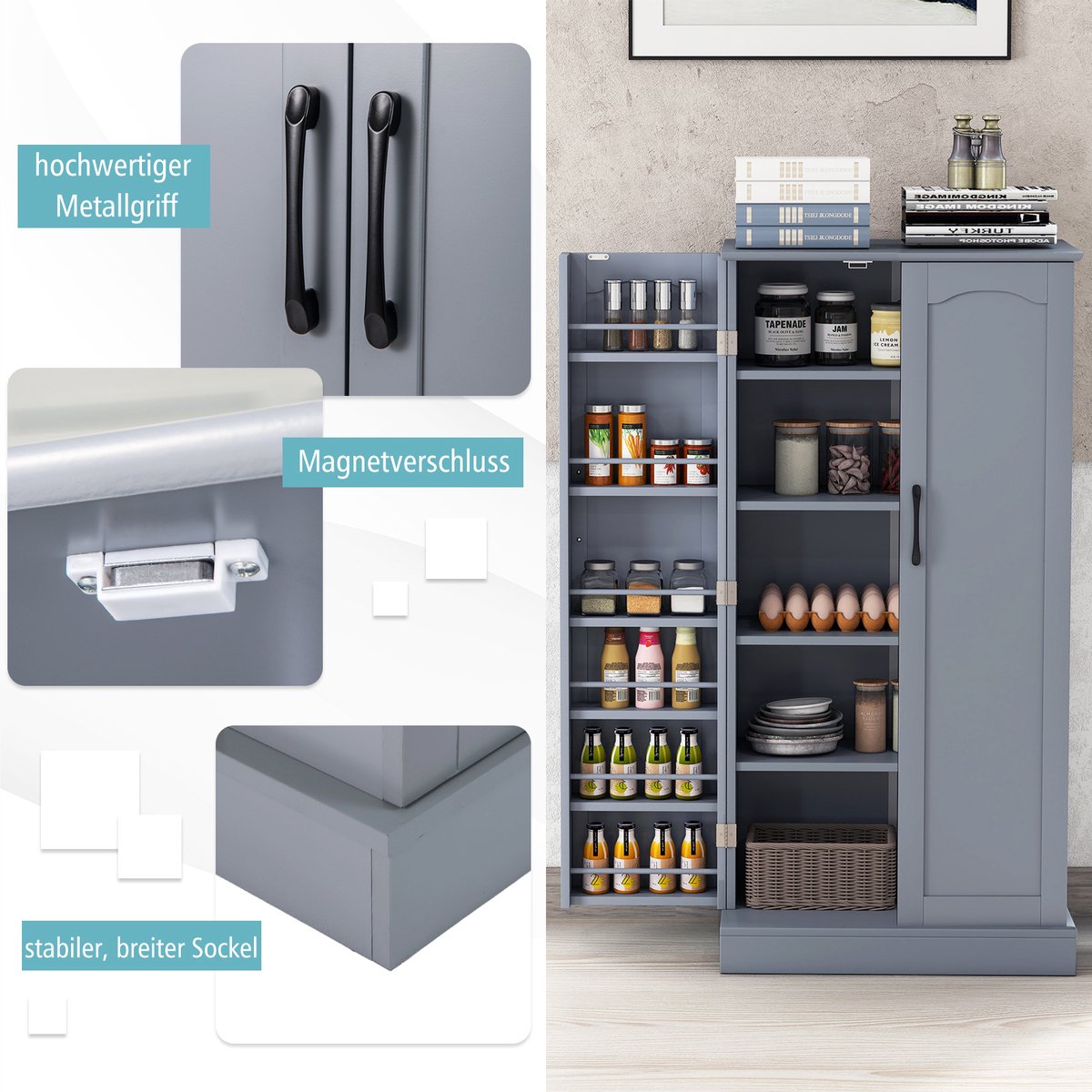COSTWAY Keukenkast, opbergkast, opbergkast met 2 deuren en 6 verstelbare planken, multifunctionele kast voor keuken, woonkamer, eetkamer, 60 x 40 x 120 cm (grijs) — cadeau in Cadeau-ideeën - foto 7