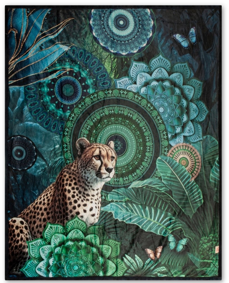 HIP Plaid 130x160 cm - Mandala en Luipaard Print - Groen/Blauw - Polyvelvet - Oeko-Tex Gecertificeerd
