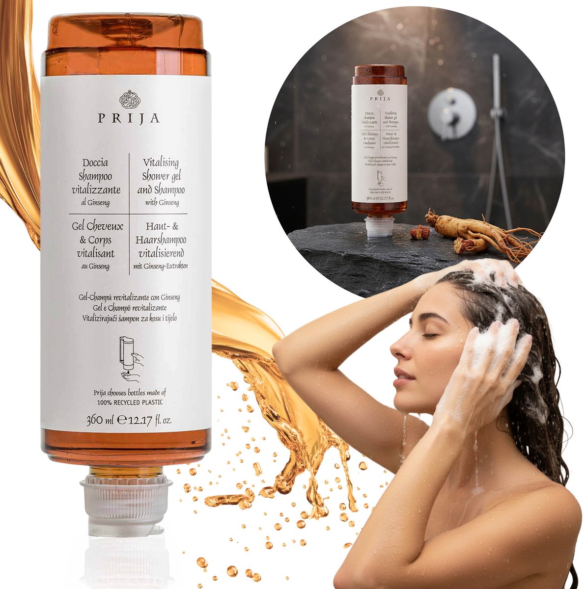 PRIJA shampoo/douchegel vloeibaar ginseng, navulling voor dispenser, VEGAN 360 ml