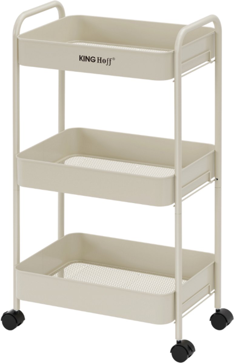 Kinghoff KH-1943 Mobiele 3-delige Stellingkar - trolley - Verrijdbare Opbergkar in Beige - Voor Keuken & Badkamer - Organizer op wieltjes - Bijzet meubel -