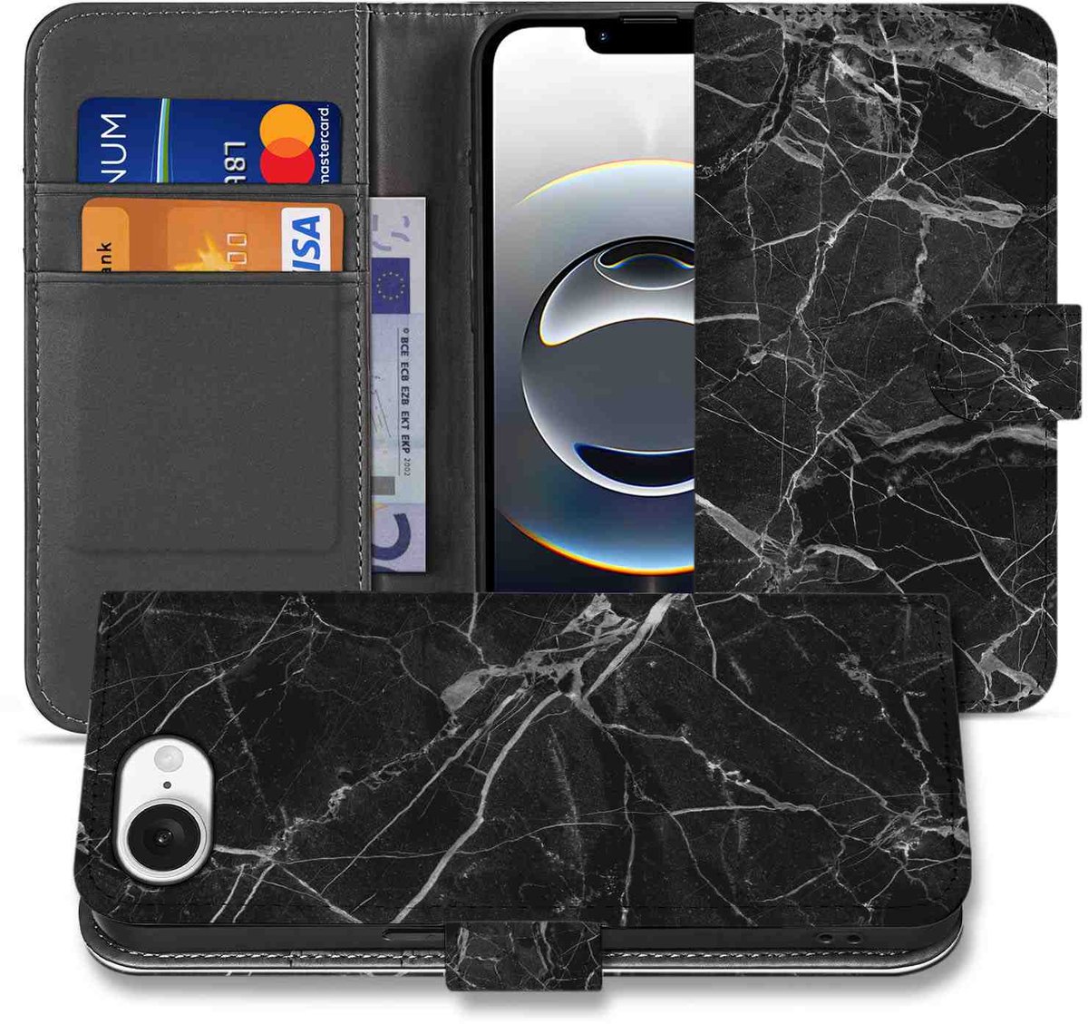 iPhone 16e/17e Bookcase Marmer Zwart - Origineel Cadeau Vader