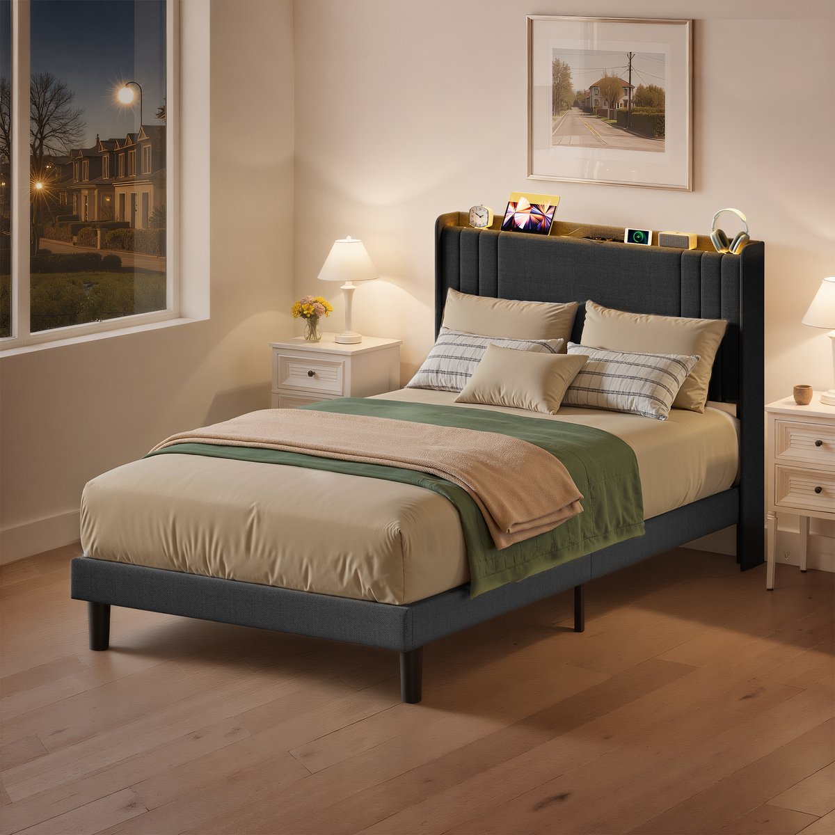 Xbro Gestoffeerd Bed 120 x 200 cm – met LED-Verlichting & USB/Type-C Oplaadpoort – Tweepersoonsbed met Hoofdbord en Lattenbodem – Grijs