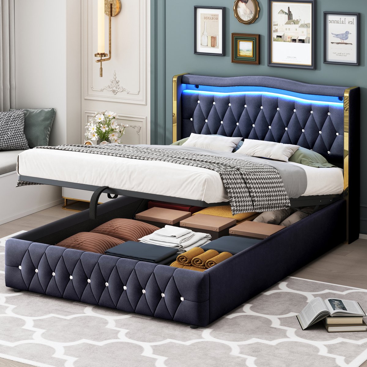 SINGULARITY-Gestoffeerd bed 140x200cm- Met LED-verlichting- Met hydraulische opbergruimte- Met lichte ruitaccenten- Tweepersoonsbed- Zwart- Zonder matras