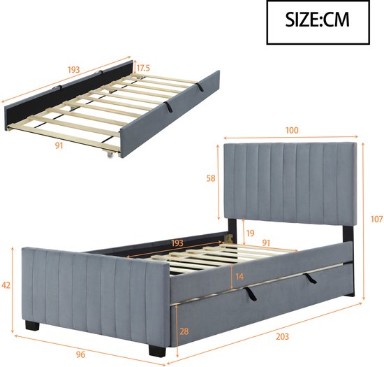 Kinderbed, gestoffeerd bed, 90 × 190 cm, met 2 laden en rugleuning, fluweel, opbergbed, eenpersoonsbed, slaapbank, dagbed met lattenbodem, voor jongeren of volwassenen, roze, zonder matras (90 × 190