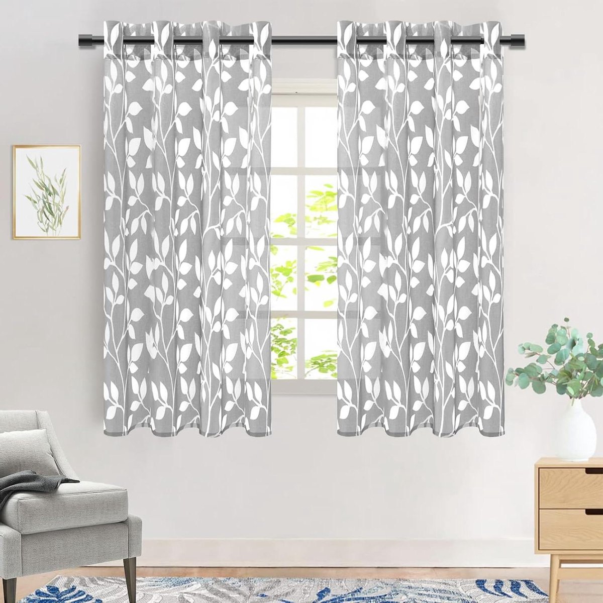 Transparante Voile Gordijnen 140x160 cm met Bladerenprint - Set van 2 Stuks voor Woonkamer en Slaapkamer