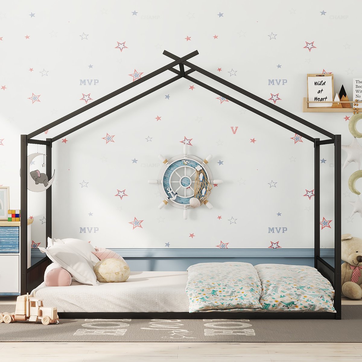 Merax 140x200 cm vlak bed - metalen bedframe - kinderbed - huiselijk bedhek - zwart - zonder matras