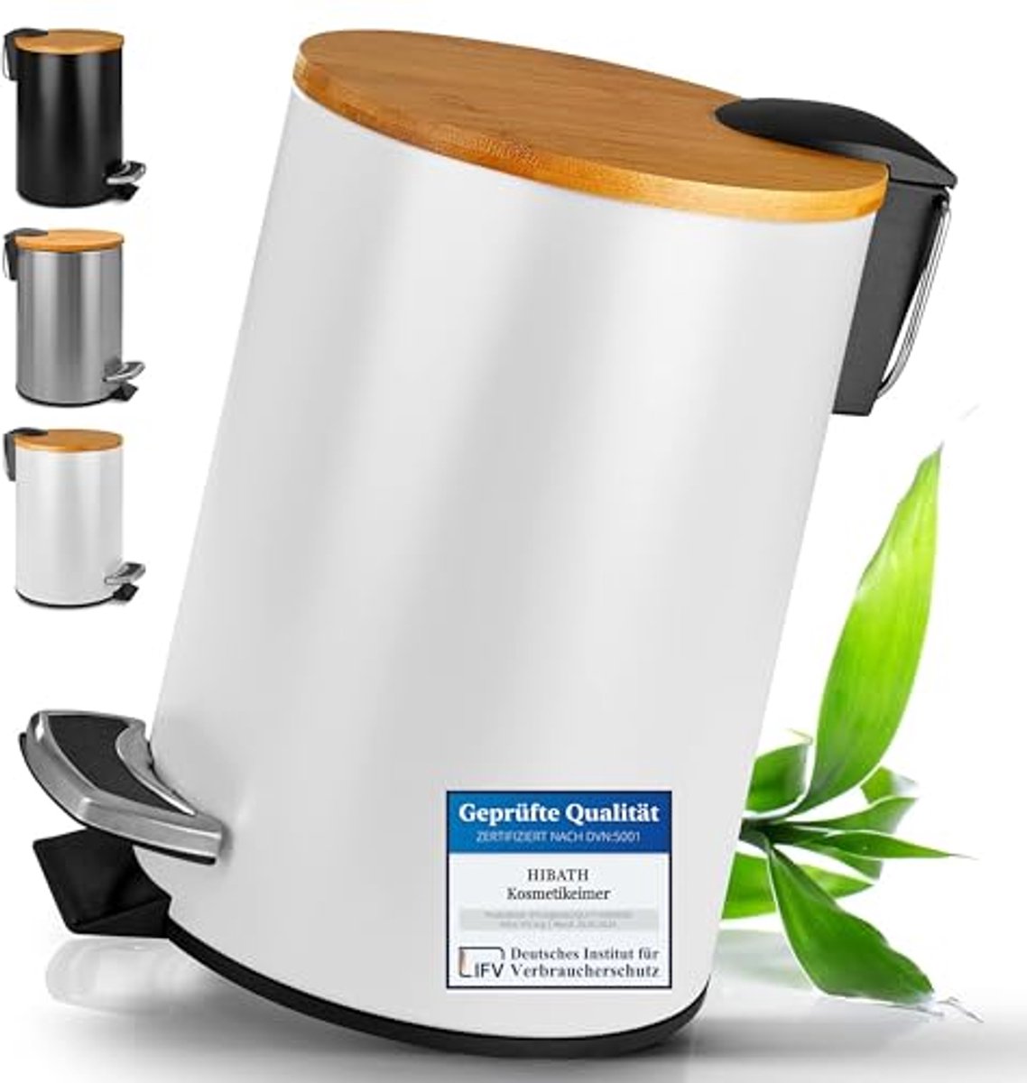 Witte Afvalemmer met Bamboe Deksel en Automatisch Sluitmechanisme voor Badkamer | 3 Liter