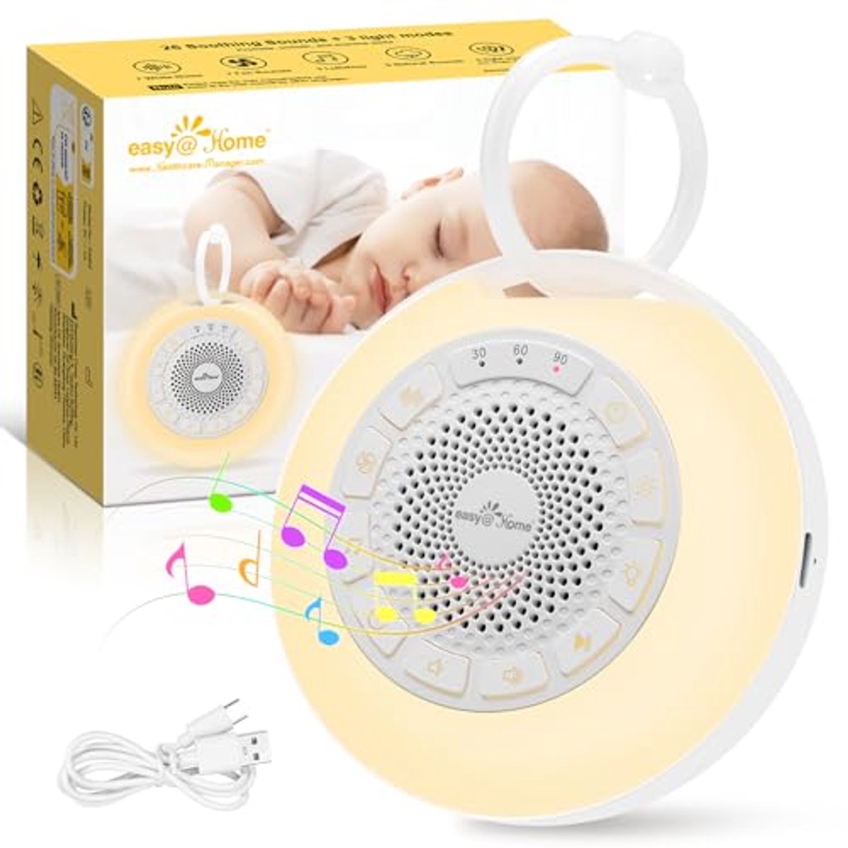 Draagbare witte ruismachine voor baby's met nachtlampje, 26 kalmerende wiegeliedjes en natuurgeluiden