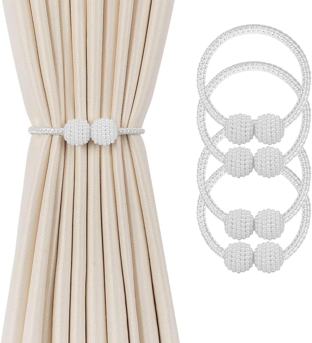 JeiibrZui Magnetische Gordijnbinders - Borduurklemmen - Stevige Magnetische Sluiting Met Elegante Parelgesp+Verstelbare Koorden - 4 Stuks - Voor Woonkamer+Slaapkamer Grijs