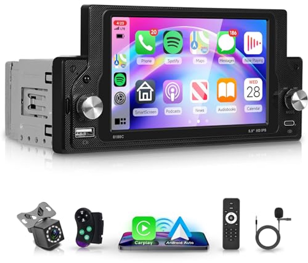 Draadloze CarPlay Autoradio met 5,9 Inch Touchscreen, Bluetooth en Stuurwielbediening