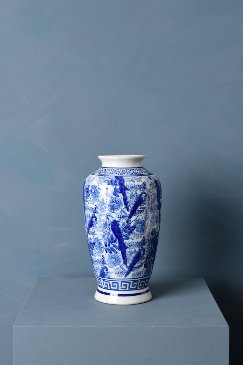 Vaas - Oud Hollands - Delfts Blauw - Parrot - Porselein- Blauw - 16 X 16 X 31cm