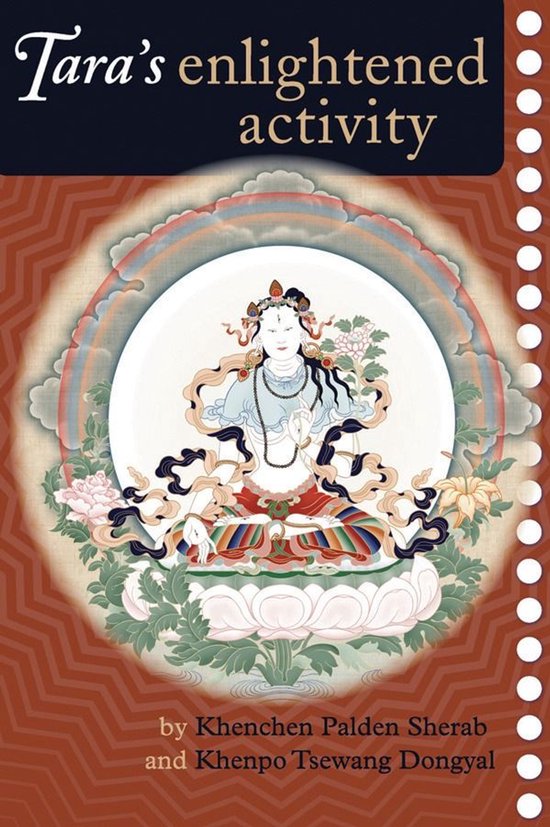 Boek 'Tara's enlightened activity' met een afbeelding van Tara in Tibetaanse stijl, zittend op een lotusbloem.