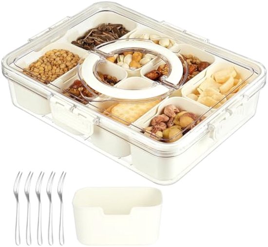BYNYXI Snackbord met vakken en deksel, kunststof snackbox, ronde snackopbergdoos, 5 kommen, snoepbord, snacktray, snackschaal, serveerschaal, snackdienblad voor noten