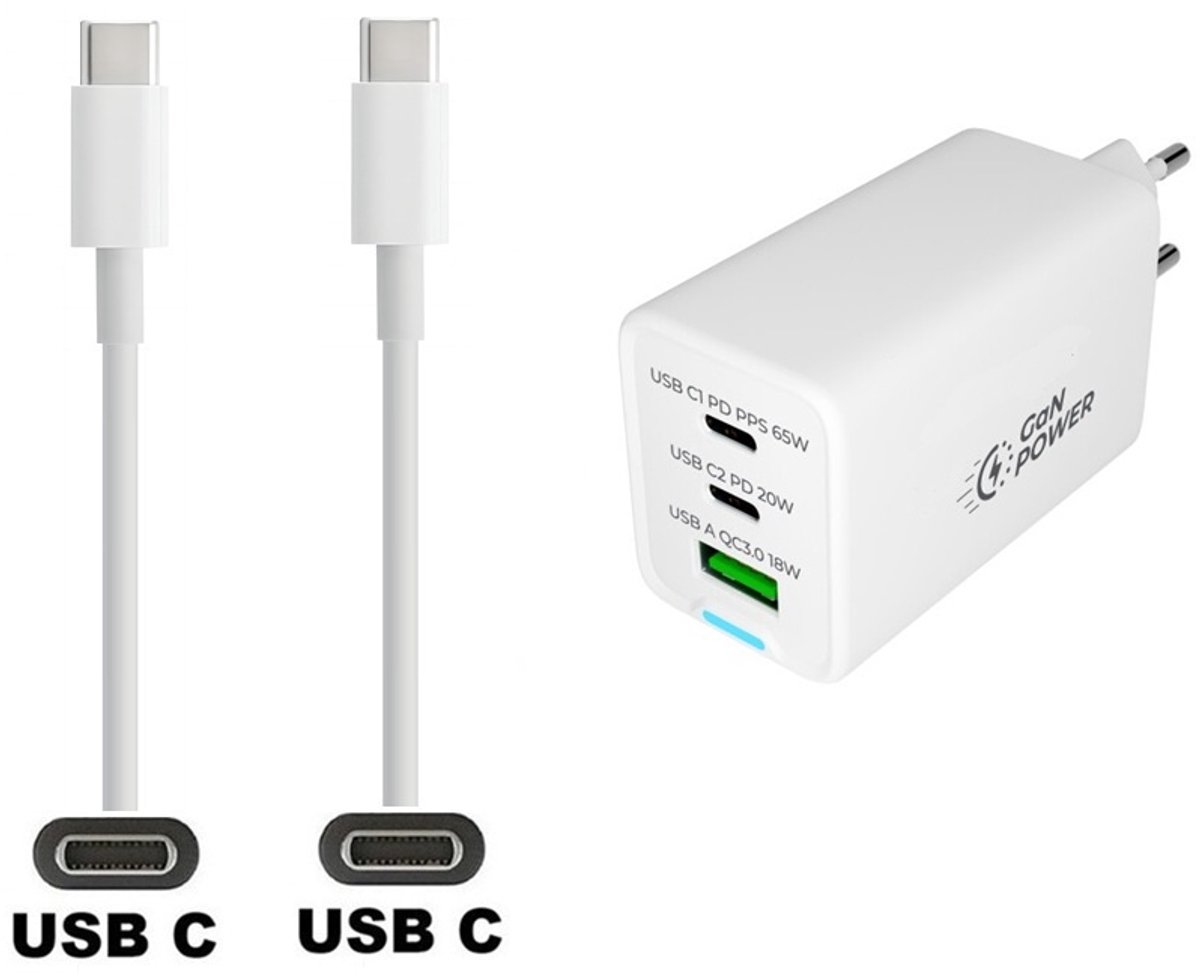 OneOne 65W super snellader met 3 poorten. Oplader met Sterke 1,0m USB C naar C kabel. PPS GaN PD lader adapter past op Google Pixel 1, 2, 2XL, 3, 3XL, 3a, 3a XL, 4, 4XL, 4a, 5, 5a, 6a, 7, 7 Pro, 8, 8a, 8 Pro, 9, 9a, 9 Pro / XL / Fold, C, XL