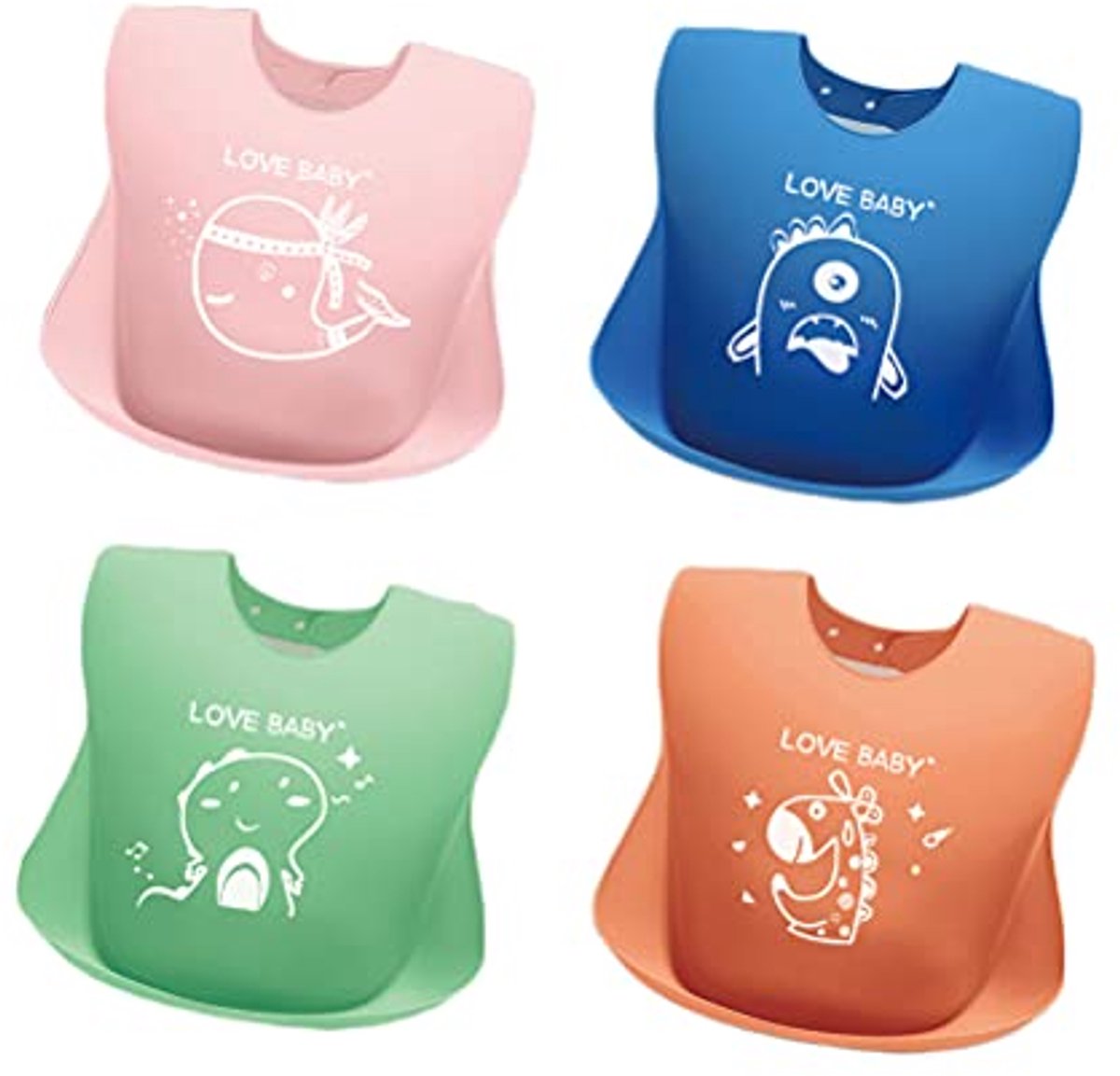 Image of 3D Zachte Verstelbare Siliconen Slabbetjes voor Baby's en Peuters - Waterdicht, Set van 4
