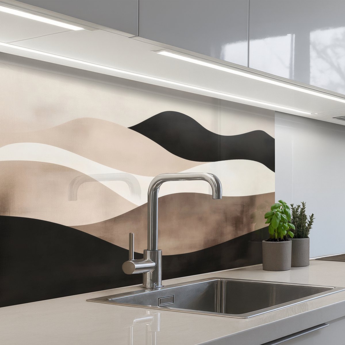 Keuken achterwand 80x60 cm - Spatscherm zelfklevend Abstract - Landschap - Golven - Crèmekleur - Muurbeschermer - Spatwand fornuis
