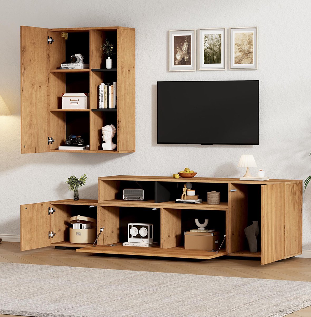 Pugsdrly TV-meubelset (compleet, 2-delig), inclusief vitrine en staande plank, geschikt voor de woonkamer. Het TV-meubel is uitbreidbaar tot 265 cm, voor plaatsing of ophangen, geschikt voor TV's tot 120 inch, in houtlook met zwart.