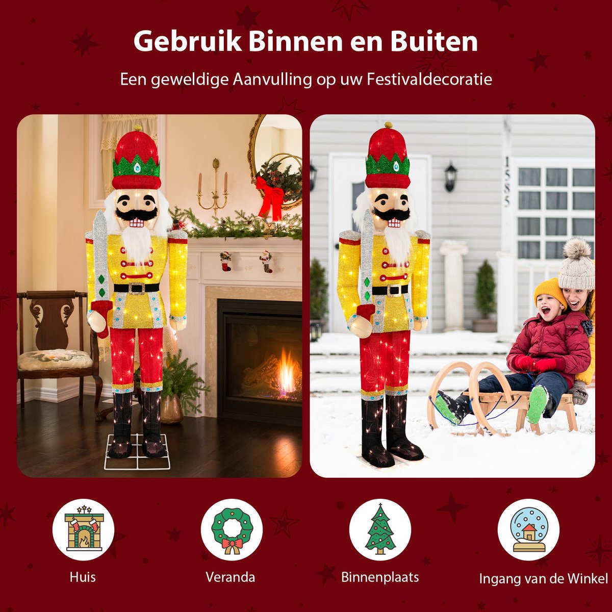 COSTWAY Weihnachten Nussknacker Figur groß, 185 cm beleuchtete Weihnachtsdeko XXL, Weihnachtsfigur mit Trommel & 100 LED-Lichtern, Weihnachtsdekoration, Weihnachtsbeleuchtung für außen und innen