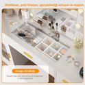 Transparant acryl tafelblad met georganiseerd interieur voor cosmetica en accessoires.