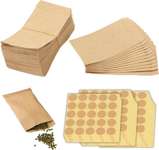 Inovra - Set de 400 petites enveloppes à graines et mini-sachets en papier kraft avec étiquettes de fermeture