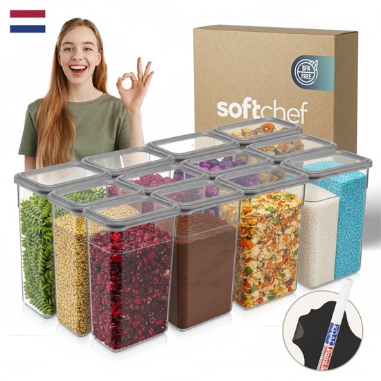 Boîte de conservation rectangulaire Soft Chef Slim Soft Box 12 pièces (12 x 1 580 ml) – Gris semi-transparent avec couvercles gris – Sans BPA – Hermétique et empilable – Étiquettes et Marker inclus