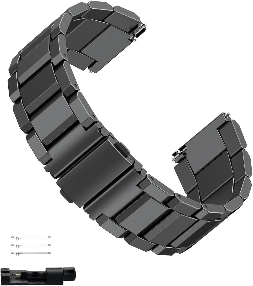 Allecto plus - Roestvrij stalen horlogeband 22 mm met snelsluiting - heren smartwatch reserveband in zwart militair design