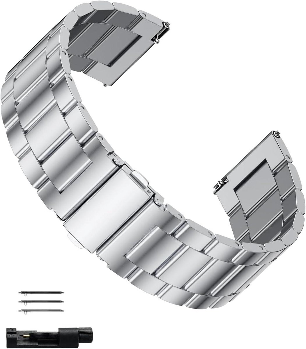 Allecto plus - Zilverkleurige 22 mm horlogeband van roestvrij staal, heren armband met snelsluiting, geschikt voor smartwatch en polshorloge