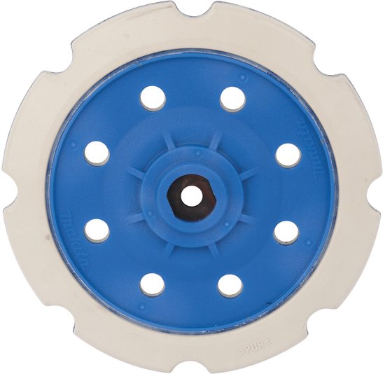 Makita schuurschijf met blauw middenstuk, 8 witte gaten en een crèmekleurige buitenrand.
