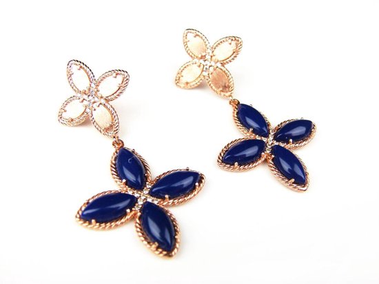 Zilveren oorringen oorbellen roos goud verguld Model Delicate Feminine gezet met blauwe stenen