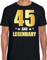 45 and legendary verjaardag cadeau t-shirt / shirt - zwart - gouden en witte letters - voor heren - 45 jaar verjaardag kado shirt / outfit 2XL
