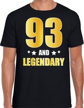 93 and legendary verjaardag cadeau t-shirt / shirt - zwart - gouden en witte letters - voor heren - 93 jaar verjaardag kado shirt / outfit XL