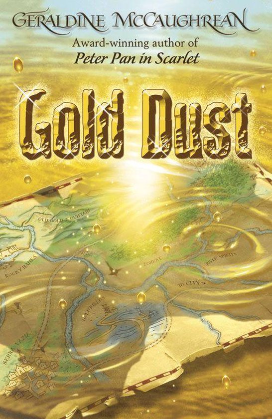 Titre doré 'Gold Dust' sur une carte avec rivières, forêts et villages. Couleur or, avec des particules dorées.