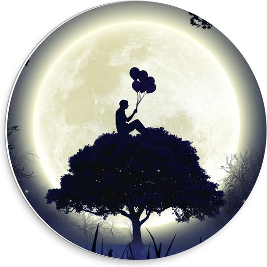 Forex Wandcirkel - Silhouette met Balonnen in het Maanlicht - 30x30cm Foto op Wandcirkel (met ophangsysteem)