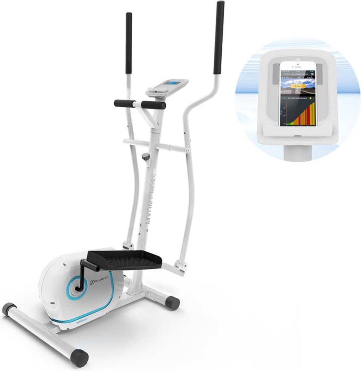 Klarfit Myon Cross crosstrainer - 12kg Vliegwielmassa - Magnetisch remsysteem - Weerstand op 8 niveaus - SmartCardio Studio met Kinomap app - SilentBelt System - Hartslagmeter - Wit