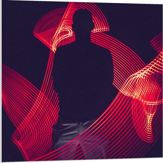 Forex - Abstracte Rode Lichtgevende Strepen met Mensen Silhouette  - 80x80cm Foto op Forex
