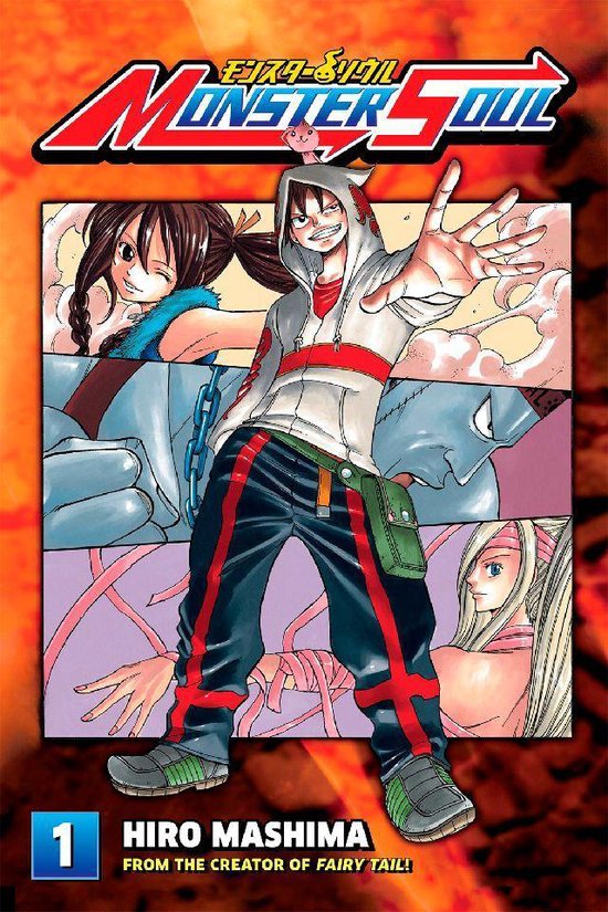 Boekomslag van Monster Soul 1 met anime-personages, waaronder een jongen in een hoodie en een meisje met vlechten.