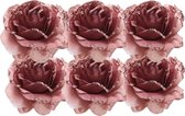 6x Oud roze decoratie bloemen rozen op clip 14 cm - Kerstversiering/woondeco/knutsel/hobby bloemetjes/roosjes