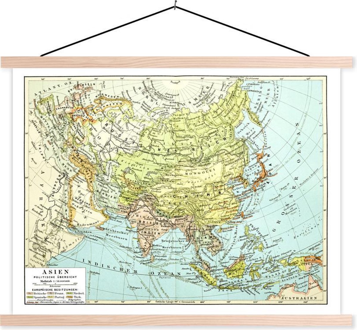Posterhanger incl. Poster 40x30 cm - Schoolplaat - Klassieke wereldkaart Azië - Textielposter - Blanke latten