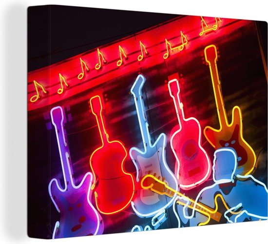 Canvas Schilderij Neon verlichte gitaren - 40x30 cm - Wanddecoratie