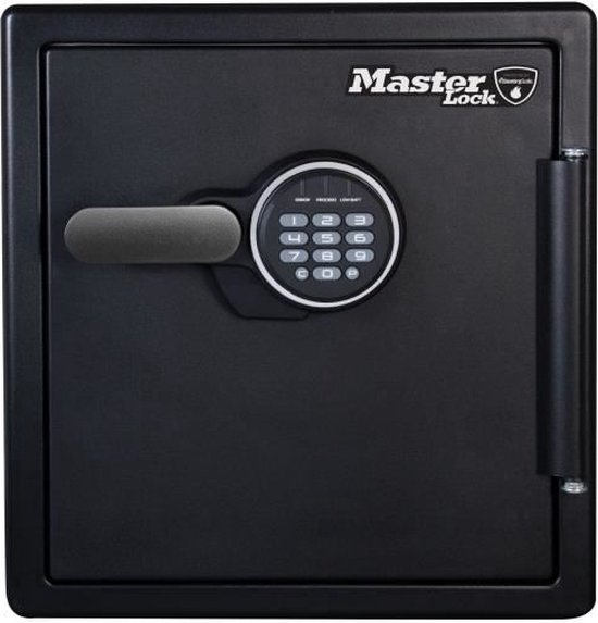 Zwarte Master Lock kluis met digitaal cijferslot en handvat.