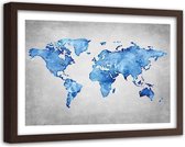 Foto in frame , Blauwe kaart van de wereld , 120x80cm , blauw grijs ,wanddecoratie , Premium print