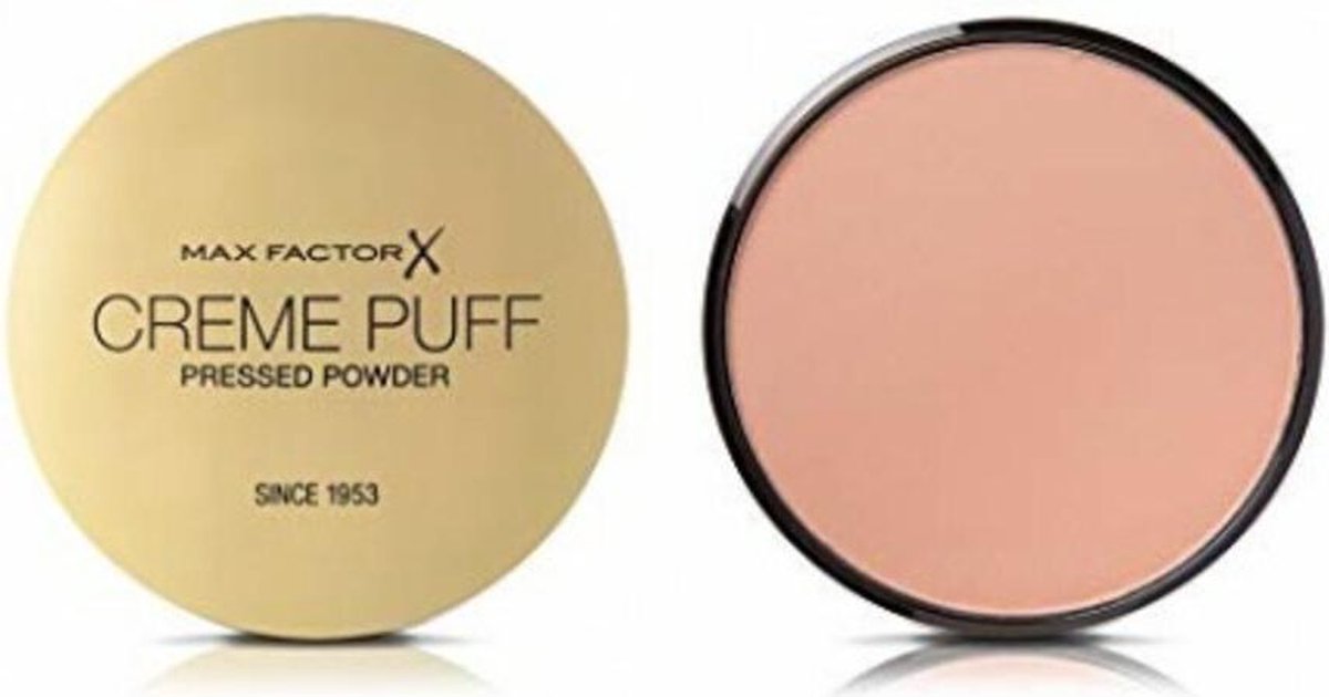 Max Factor Crème Puff poeder, goudkleurige deksel geopend, poeder lichtroze.