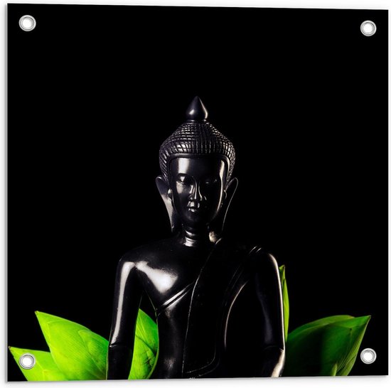 Tuinposter – Buddha Met Groene Planten - 50x50cm Foto op Tuinposter  (wanddecoratie voor buiten en binnen)