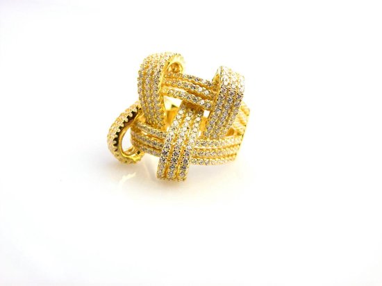 zilveren ring geel goud verguld model Kriskras gezet met zirkonia