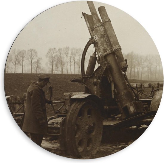 Dibond Wandcirkel - Foto uit de Oorlog met Kanon - 80x80cm Foto op Aluminium Wandcirkel (met ophangsysteem)