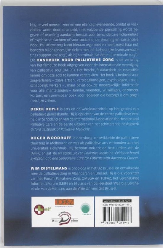 Achterkant boek "Handboek voor palliatieve zorg" met tekst en logo's.